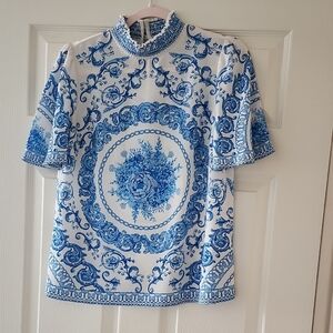 Jealous Tomato Blue and Cream Smocked Top